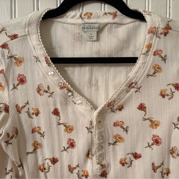 Sundance Neutral Floral Button Front Ribbed Henley Top – Size Small - Picture 2 of 7